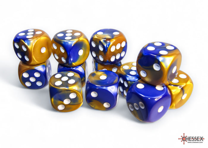 CHESSEX: GEMINI 16MM D6 BLUE-GOLD/WHITE DICE BLOCK (12 DICE)