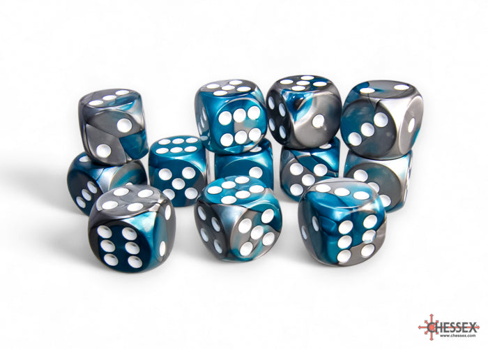 CHESSEX: GEMINI 16MM D6 STEEL-TEAL/WHITE DICE BLOCK (12 DICE)