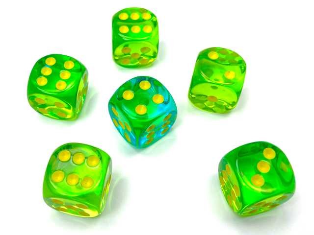 CHESSEX: GEMINI 16MM D6 TRANSLUCENT GREEN-TEAL/YELLOW DICE BLOCK (12 DICE)