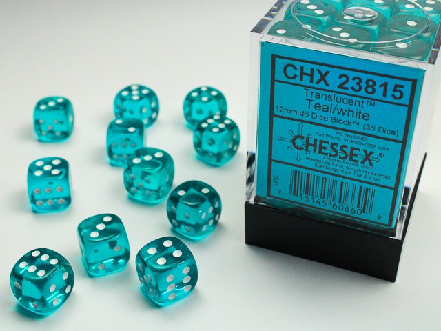 CHESSEX: TRANSLUCENT 12MM D6 TEAL/WHITE DICE BLOCK (36 DICE)