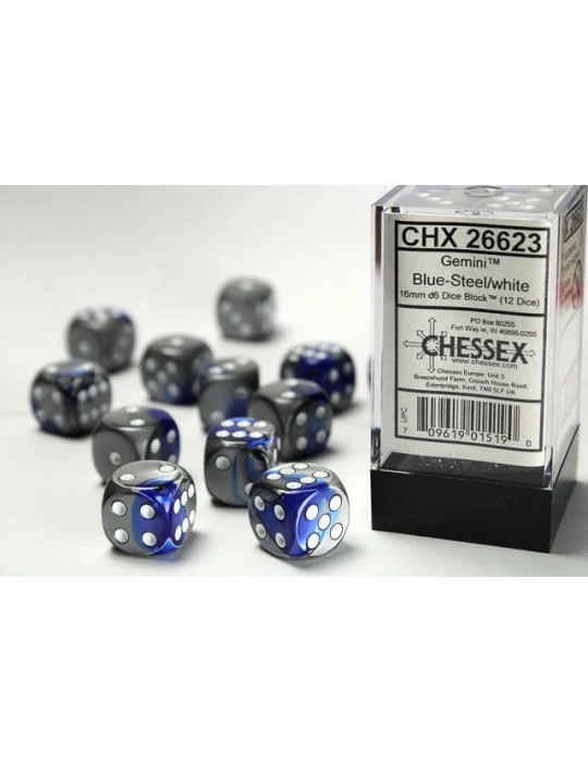 CHESSEX: GEMINI 16MM D6 BLUE-STEEL/WHITE DICE BLOCK (12 DICE)