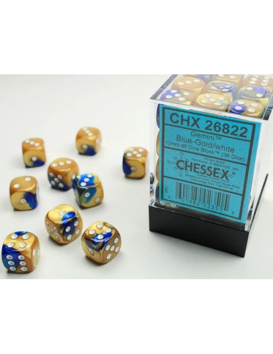 CHESSEX: GEMINI 12MM D6 BLUE-GOLD/WHITE DICE BLOCK (36 DICE)