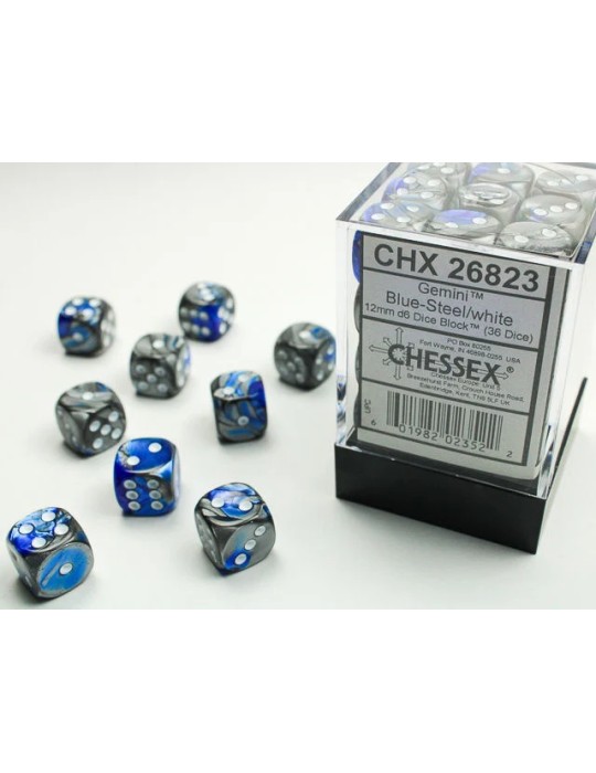 CHESSEX: GEMINI 12MM D6 BLUE-STEEL/WHITE DICE BLOCK (36 DICE)