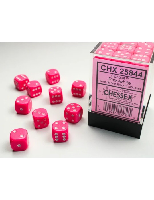 CHESSEX: OPAQUE 12MM D6 PINK/WHITE DICE BLOCK DICE BLOCK (36 DICE)