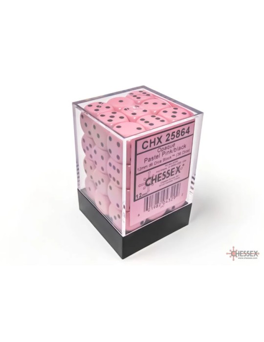 CHESSEX: OPAQUE 12MM D6 PASTEL PINK/BLACK DICE BLOCK (36 DICE)