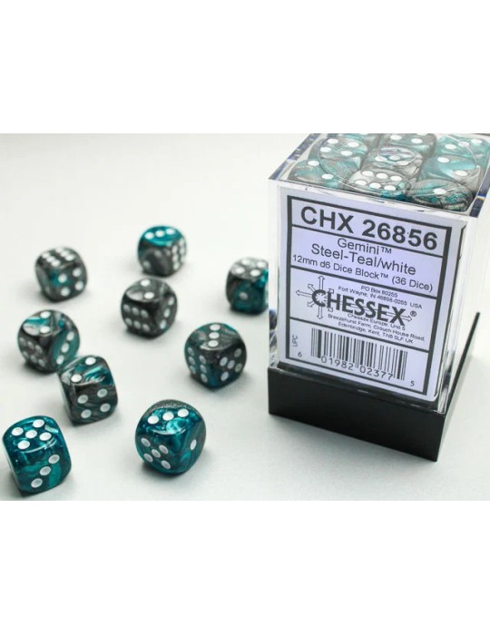 CHESSEX: GEMINI 12MM D6 STEEL-TEAL/WHITE DICE BLOCK (36 DICE)