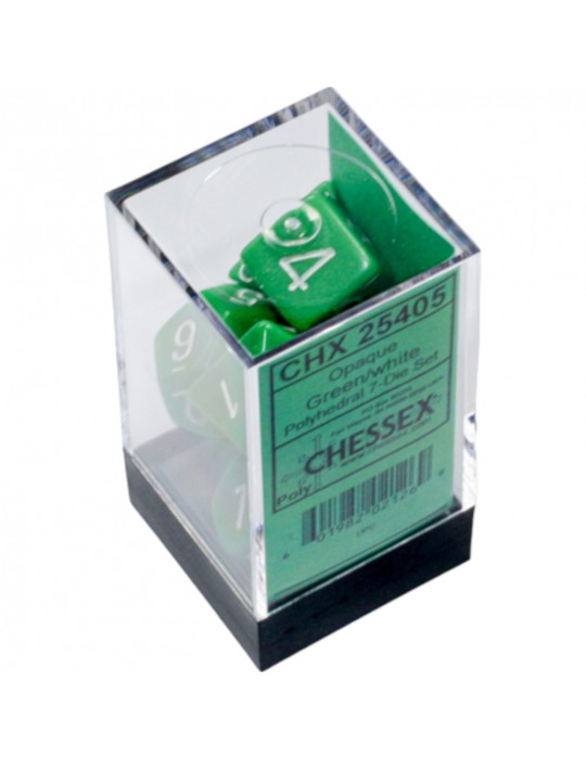 CHESSEX: OPAQUE GREEN/WHITE POLYHEDRAL 7-DICE SET