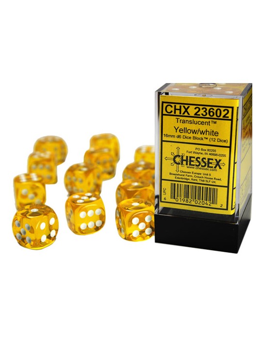 CHESSEX: TRANSLUCENT™ 16MM D6 YELLOW/WHITE DICE BLOCK™ (12 DICE)