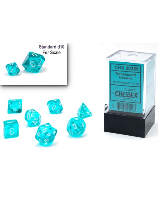 CHESSEX: TRANSLUCENT MINI-POLYHEDRAL TEAL/WHITE 7-DIE SET