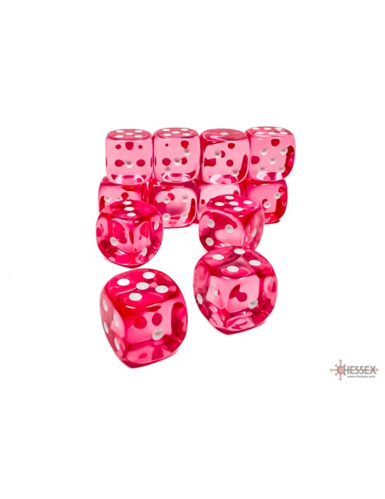 CHESSEX: TRANSLUCENT 16MM D6 PINK/WHITE DICE BLOCK (12 DICE)