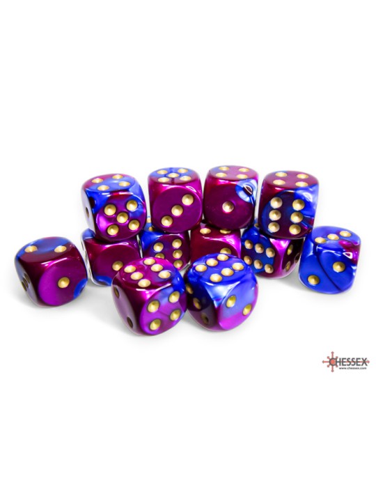 CHESSEX: GEMINI 16MM D6 BLUE-PURPLE/GOLD DICE BLOCK (12 DICE)