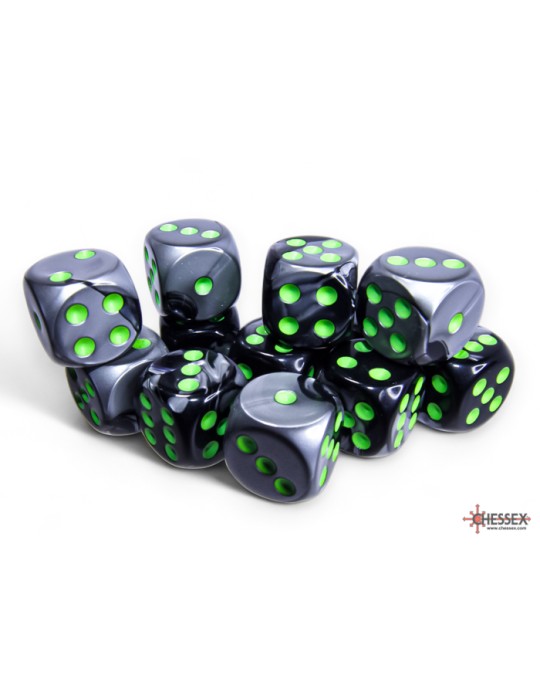 HESSEX: GEMINI 16MM D6 BLACK-GREY/GREEN DICE BLOCK (12 DICE)