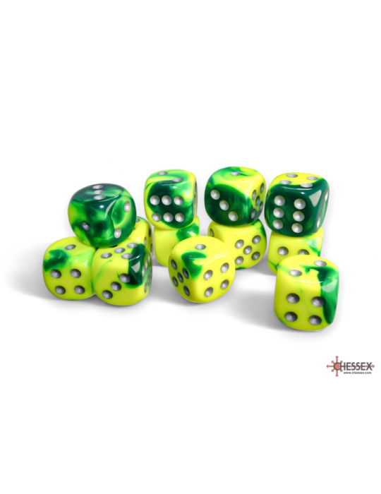 CHESSEX: GEMINI 16MM D6 GREEN-YELLOW/SILVER DICE BLOCK (12 DICE)