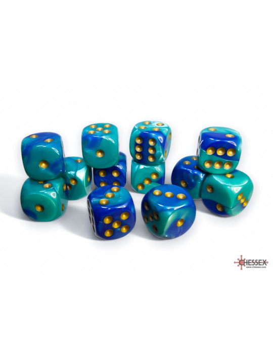 CHESSEX: GEMINI 16MM D6 BLUE-TEAL/GOLD DICE BLOCK (12 DICE)