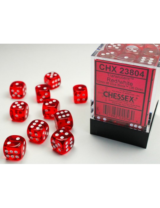 CHESSEX: TRANSLUCENT 12MM D6 RED/WHITE DICE BLOCK (36 DICE)