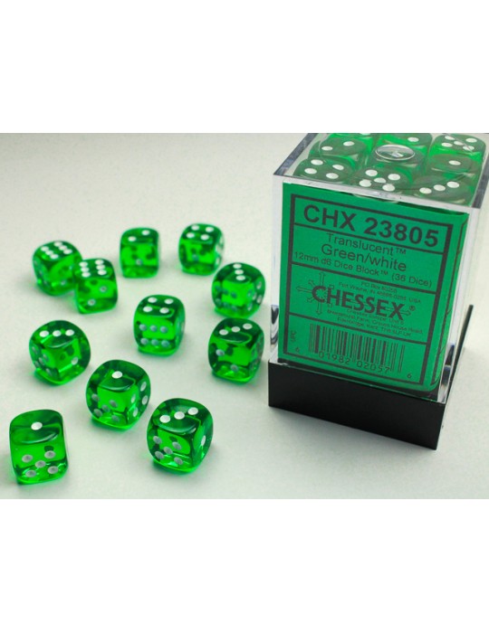 CHESSEX: TRANSLUCENT 12MM D6 GREEN/WHITE DICE BLOCK (36 DICE)