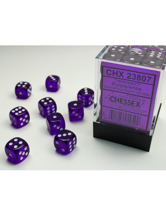 CHESSEX: TRANSLUCENT 12MM D6 PURPLE/WHITE DICE BLOCK (36 DICE)