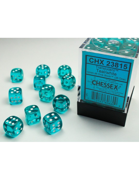 CHESSEX: TRANSLUCENT 12MM D6 TEAL/WHITE DICE BLOCK (36 DICE)