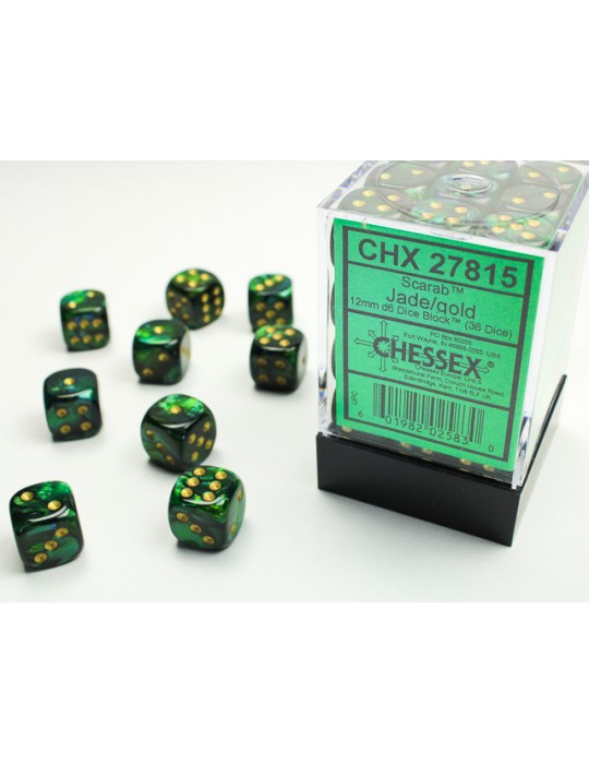 CHESSEX: SCARAB 12MM D6 JADE/GOLD DICE BLOCK (36 DICE)