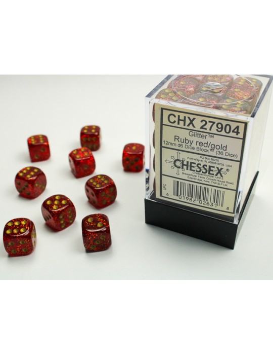 CHESSEX: GLITTER 12MM D6 RUBY/GOLD DICE BLOCK (36 DICE)