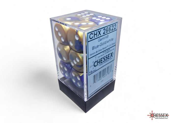 CHESSEX: GEMINI 16MM D6 BLUE-GOLD/WHITE DICE BLOCK (12 DICE)