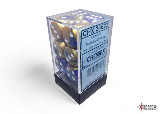 CHESSEX: GEMINI 16MM D6 BLUE-GOLD/WHITE DICE BLOCK (12 DICE)
