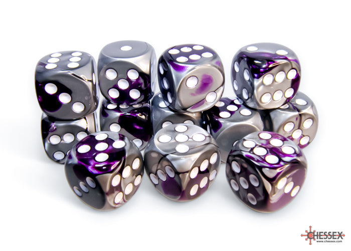 CHESSEX: GEMINI 16MM D6 PURPLE-STEEL/WHITE DICE BLOCK (12 DICE)