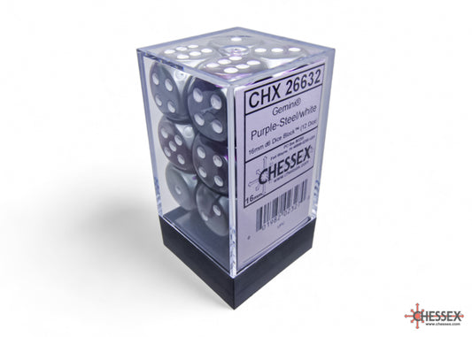CHESSEX: GEMINI 16MM D6 PURPLE-STEEL/WHITE DICE BLOCK (12 DICE)