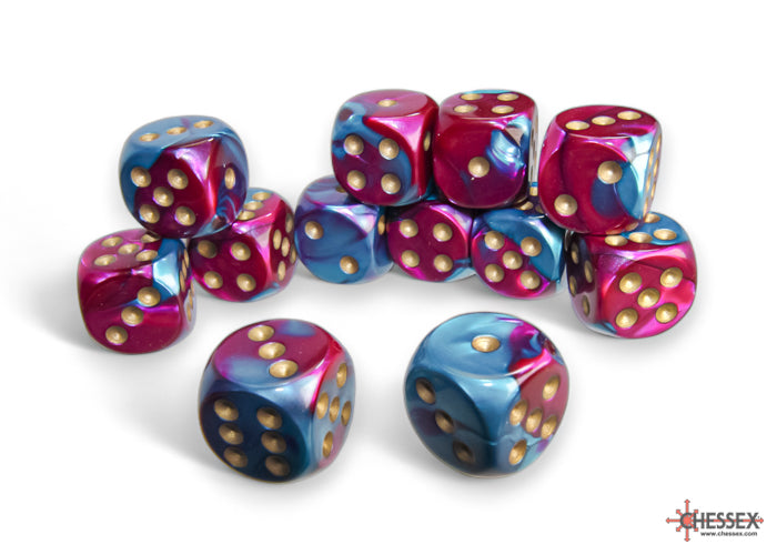 CHESSEX: GEMINI 16MM D6 PURPLE-TEAL/GOLD DICE BLOCK (12 DICE)