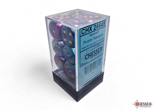 CHESSEX: GEMINI 16MM D6 PURPLE-TEAL/GOLD DICE BLOCK (12 DICE)
