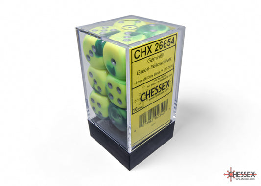 CHESSEX: GEMINI 16MM D6 GREEN-YELLOW/SILVER DICE BLOCK (12 DICE)