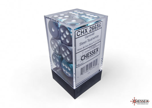 CHESSEX: GEMINI 16MM D6 STEEL-TEAL/WHITE DICE BLOCK (12 DICE)