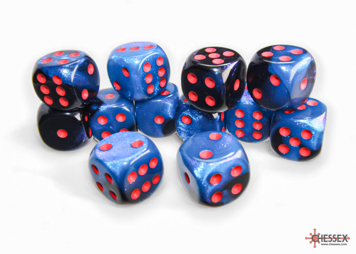 CHESSEX: GEMINI 16MM D6 BLACK-STARLIGHT/RED DICE BLOCK (12 DICE)