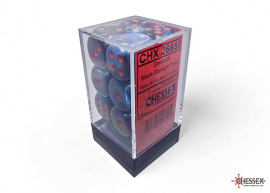 CHESSEX: GEMINI 16MM D6 BLACK-STARLIGHT/RED DICE BLOCK (12 DICE)