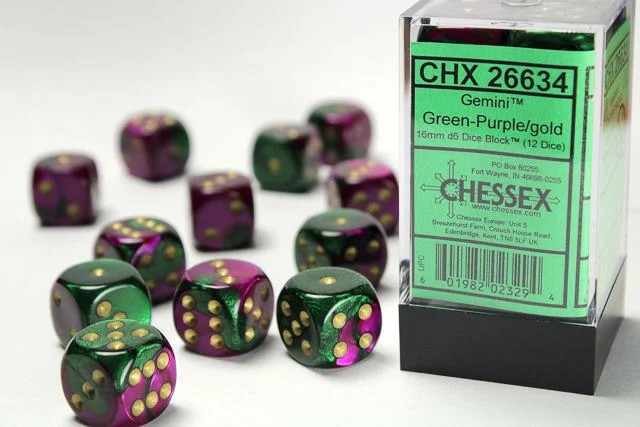 CHESSEX: GEMINI 16MM D6 GREEN-PURPLE/GOLD DICE BLOCK (12 DICE)