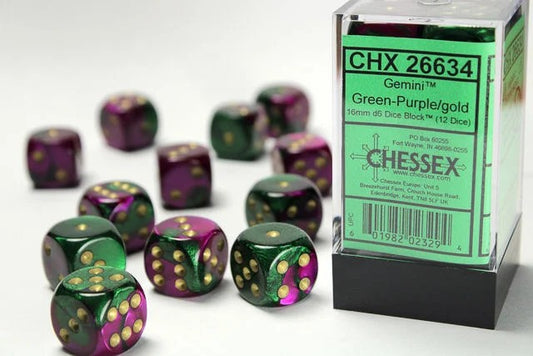 CHESSEX: GEMINI 16MM D6 GREEN-PURPLE/GOLD DICE BLOCK (12 DICE)