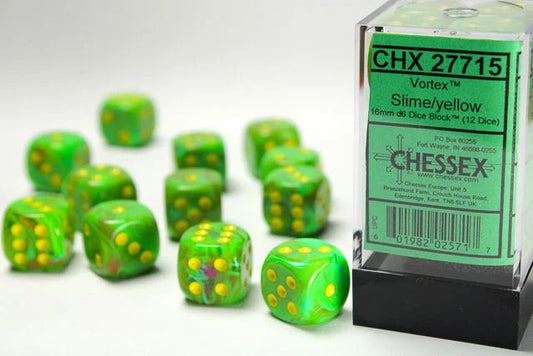 CHESSEX: VORTEX 16MM D6 SLIME/YELLOW DICE BLOCK (12 DICE)