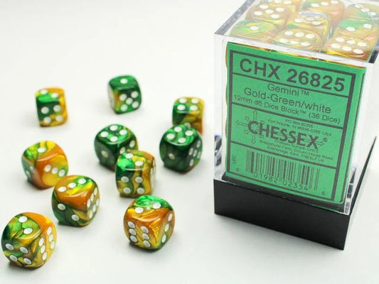 CHESSEX: GEMINI 12MM D6 GOLD-GREEN/WHITE DICE BLOCK (36 DICE)