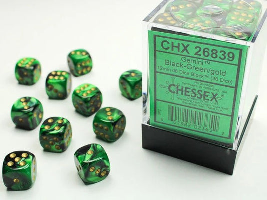 CHESSEX: GEMINI 12MM D6 BLACK-GREEN/GOLD DICE BLOCK (36 DICE)