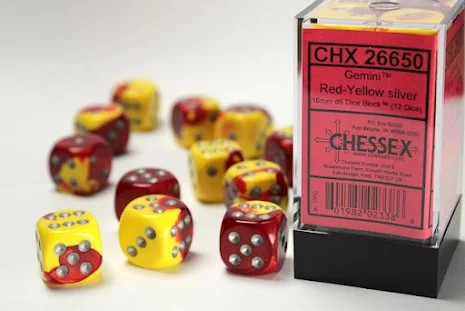 CHESSEX: GEMINI 16MM D6 RED-YELLOW W/SILVER DICE BLOCK (12 DICE)
