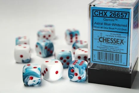 CHESSEX: GEMINI 16MM D6 ASTRAL BLUE-WHITE W/RED DICE BLOCK (12 DICE)