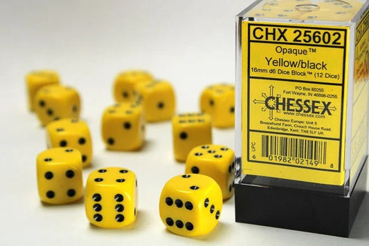 CHESSEX: OPAQUE 12MM D6 YELLOW/BLACK DICE BLOCK (32 DICE)