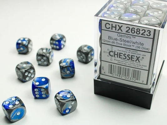 CHESSEX: GEMINI 12MM D6 BLUE-STEEL/WHITE DICE BLOCK (36 DICE)