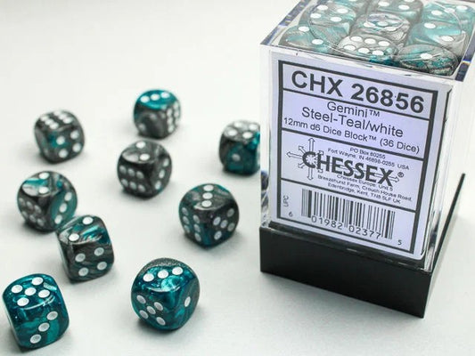 CHESSEX: GEMINI 12MM D6 STEEL-TEAL/WHITE DICE BLOCK (36 DICE)