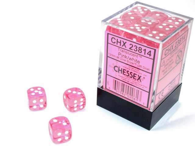 CHESSEX: TRANSLUCENT 12MM D6 PINK/WHITE DICE BLOCK (36 DICE)
