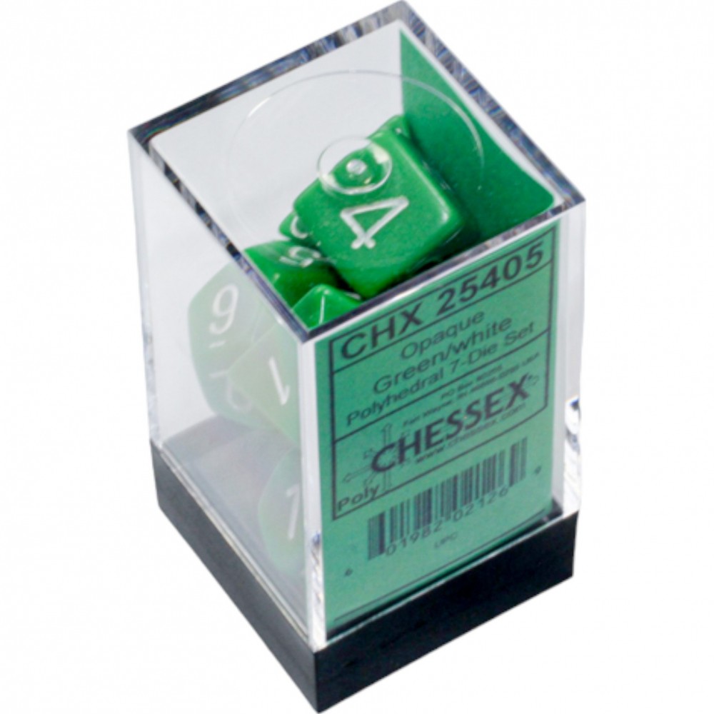 CHESSEX: OPAQUE GREEN/WHITE POLYHEDRAL 7-DICE SET