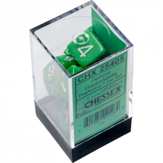 CHESSEX: OPAQUE GREEN/WHITE POLYHEDRAL 7-DICE SET