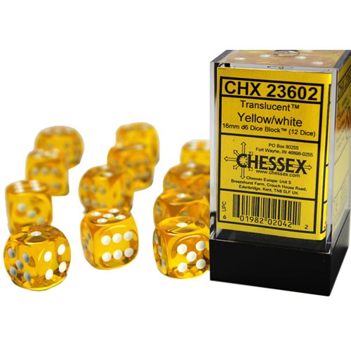 CHESSEX: TRANSLUCENT™ 16MM D6 YELLOW/WHITE DICE BLOCK™ (12 DICE)