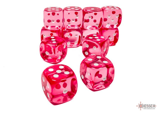 CHESSEX: TRANSLUCENT 16MM D6 PINK/WHITE DICE BLOCK (12 DICE)