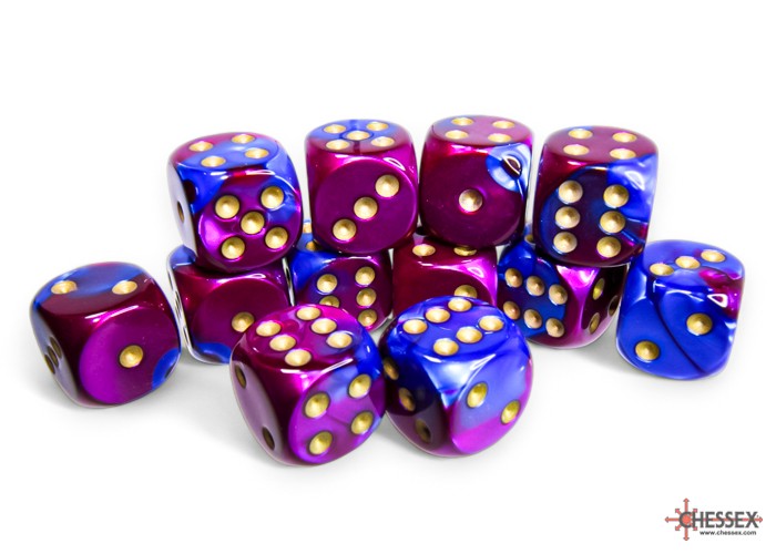 CHESSEX: GEMINI 16MM D6 BLUE-PURPLE/GOLD DICE BLOCK (12 DICE)